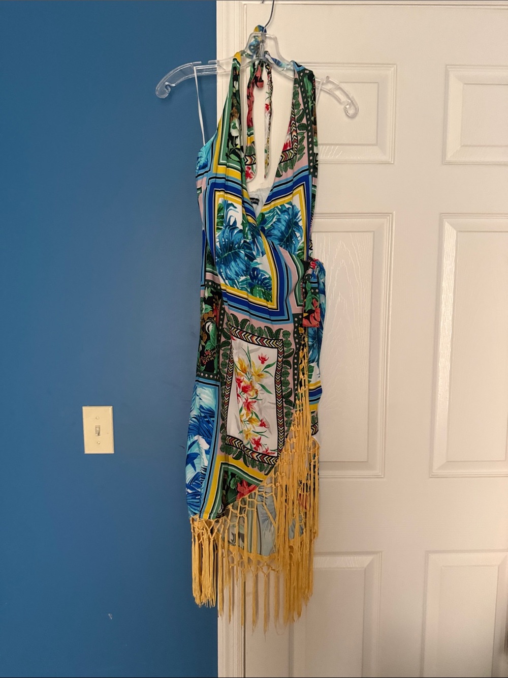 Tropical Halter Fringe Maxi Dress in Blue